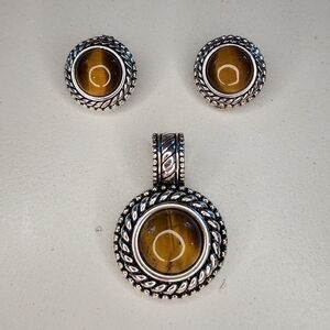 PREMIER DESIGNS vintage Tiger's Eye Pendant & clip on earrings